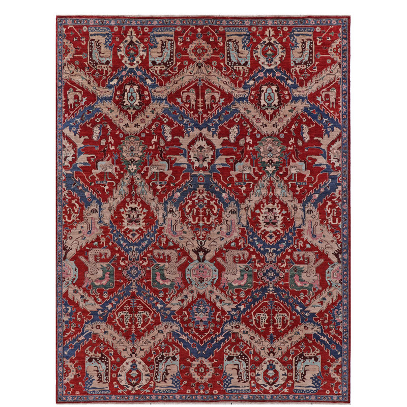 Tapis rouge / bleu marine unique en son genre, Rectangle 8 pi 11 po x 11 pi 8 po
