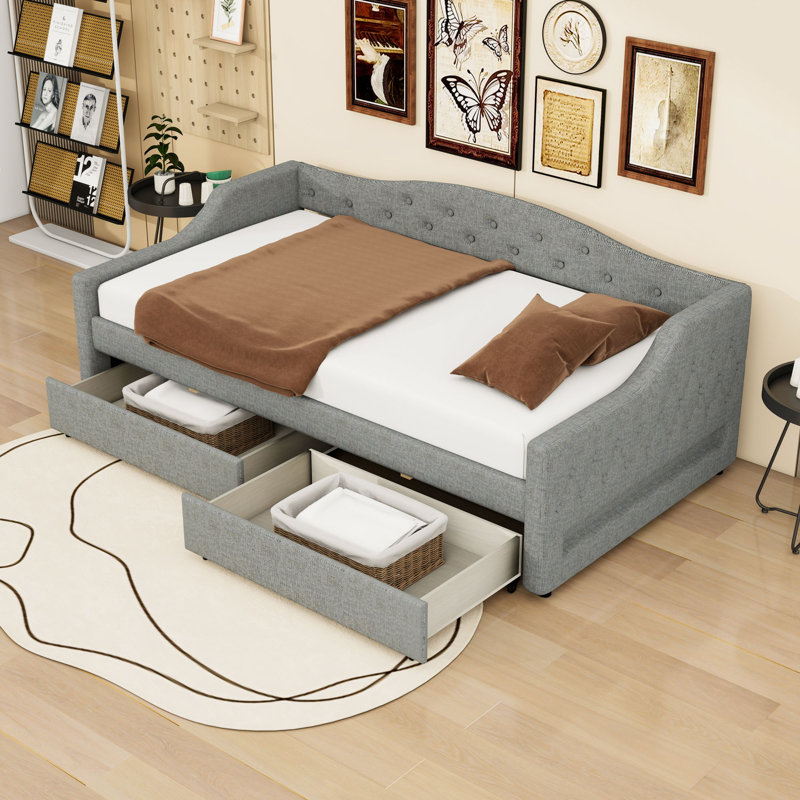 Lit de jour simple tapissier 2 tiroirs avec ceinture DEL, Gris
