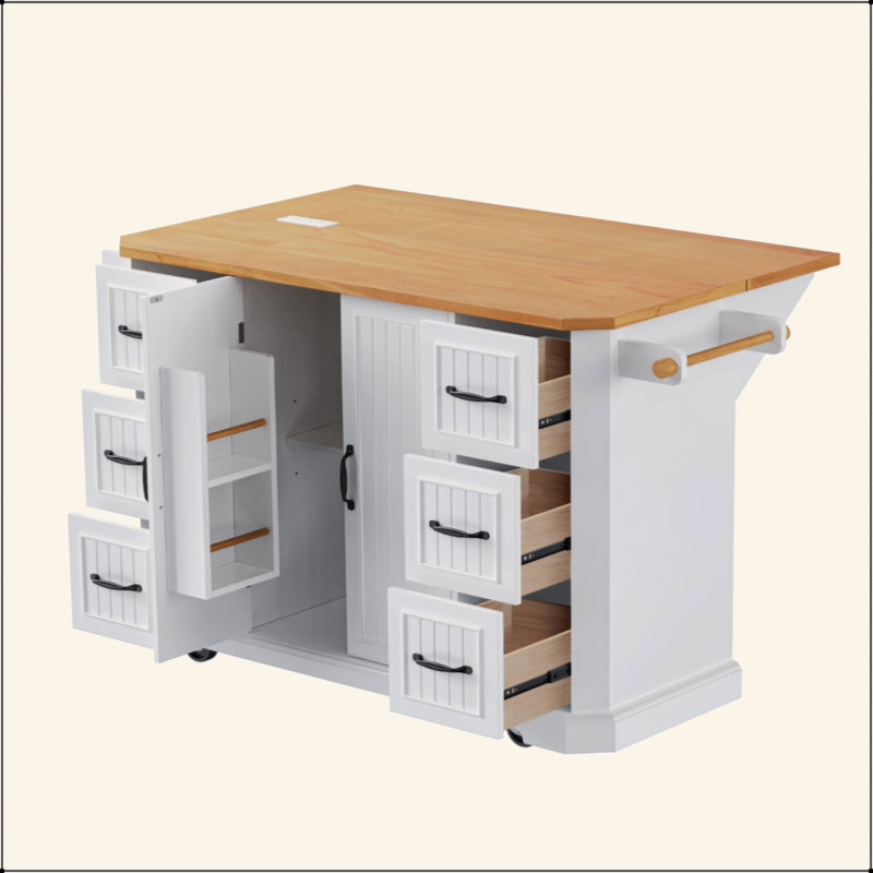 56 Inch Kitchen Island With Rubber Wood Veneer Drop Leaf, Power Outlet, 4 Door Shelves, Embossed Vertical Stripe Rolling Kitchen Cart On 4 Wheels With 6 Deep Drawers For Kitchen, Dining Room