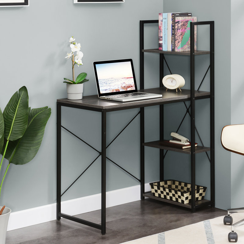 Gerell Office Workstation Desk with Shelves, Gray/Black