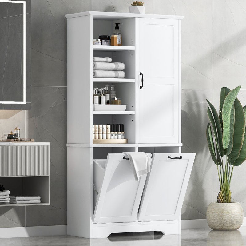 68'' H Bathroom Cabinet with Tilt-Out Laundry Hamper,Modern Linen Cabinet with Adjustable Shelf,Freestanding Style, White