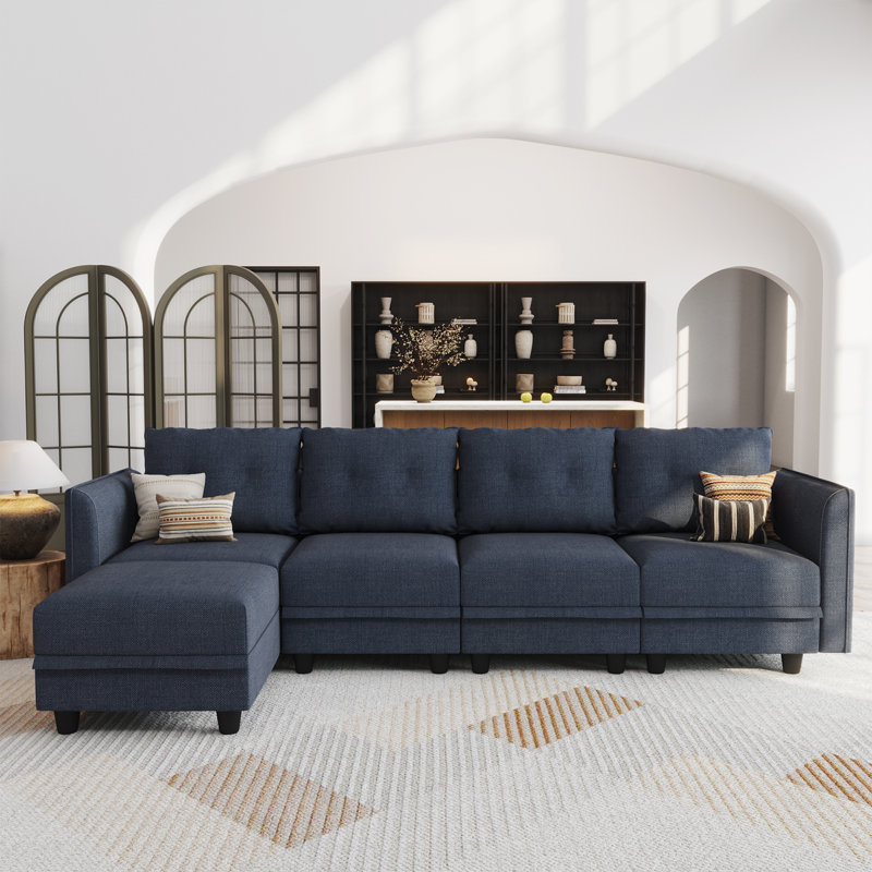 Tomario 5- Piece Upholstered L-Shaped Modular Sectional With Storage, Blue Polyester