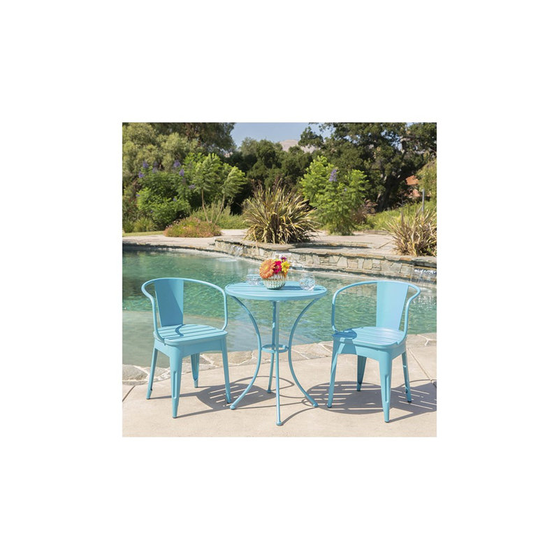 Ensemble bistro d'extérieur en fer avec table et 2 chaises, bleu mat, Bleu mat