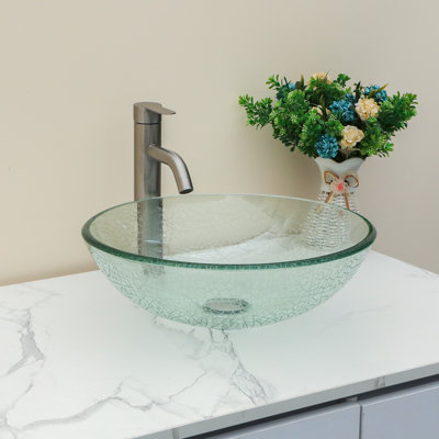 16.5" Circular Glass Bathroom Sink Vessel Sink with Pop-Up Drain