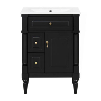 Meuble-lavabo de 24 po avec lavabo, armoire de salle de bain avec tiroir rabattable, tablette réglable, structure en bois d'hévéa massif, panneaux de fibres à densité moyenne et poignées en métal