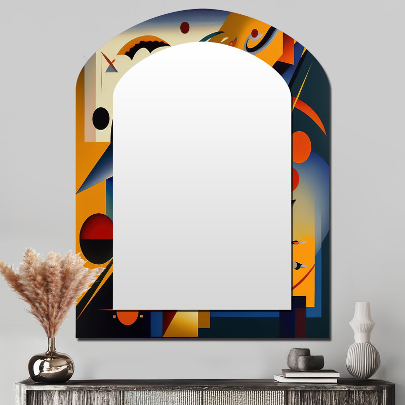 Multicolor Geometric Orange Shapes IV - Geometric Arch Wall Mirror, Modern Asymmetrical Decorative Mirror, Printed Metal Art