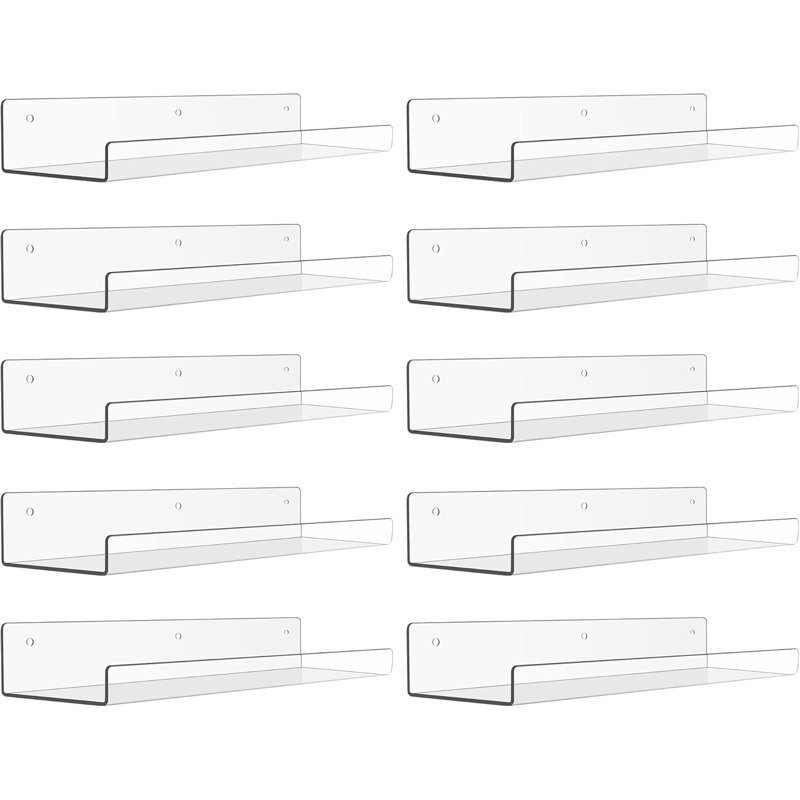 10 Pack Acrylic Shelves Wall Organizer And Storage, 15" Display Shelf For Figure, Toy Cars, Perfume, Kids Bookshelf For Bedroom, Nursery, Craft Room, Clear