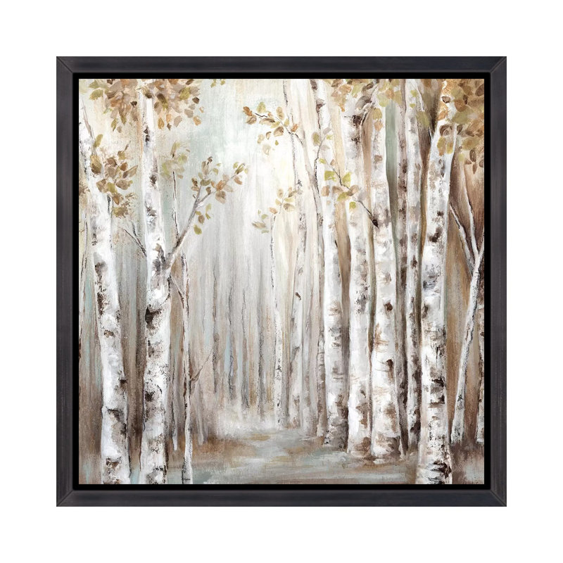 «Sunset Birch Forest III» - reproduction, H 18 po x l 18 po x 1,5 po, Cadre noir vieilli