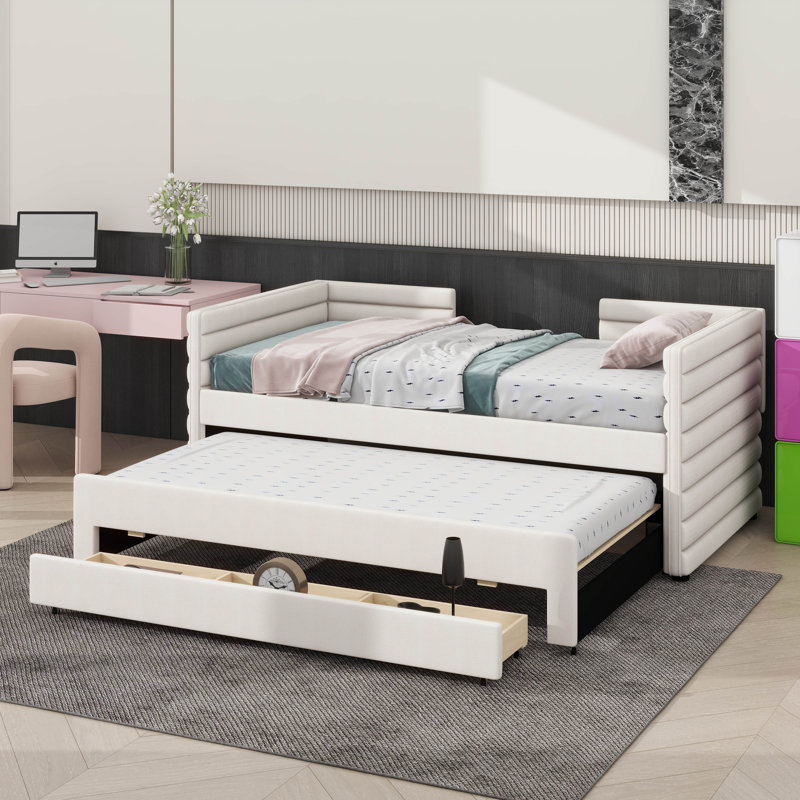 Lit de jour simple avec lit gigogne et 3 tiroirs de rangement intégrés, Beige