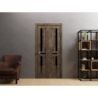 Sliding Closet Bi-fold Doors | Veregio 7588 Cognac Oak with Black Glass | Sturdy Tracks Mouldings Trims Hardware Set | Wood Solid Bedroom Wardrobe Doors