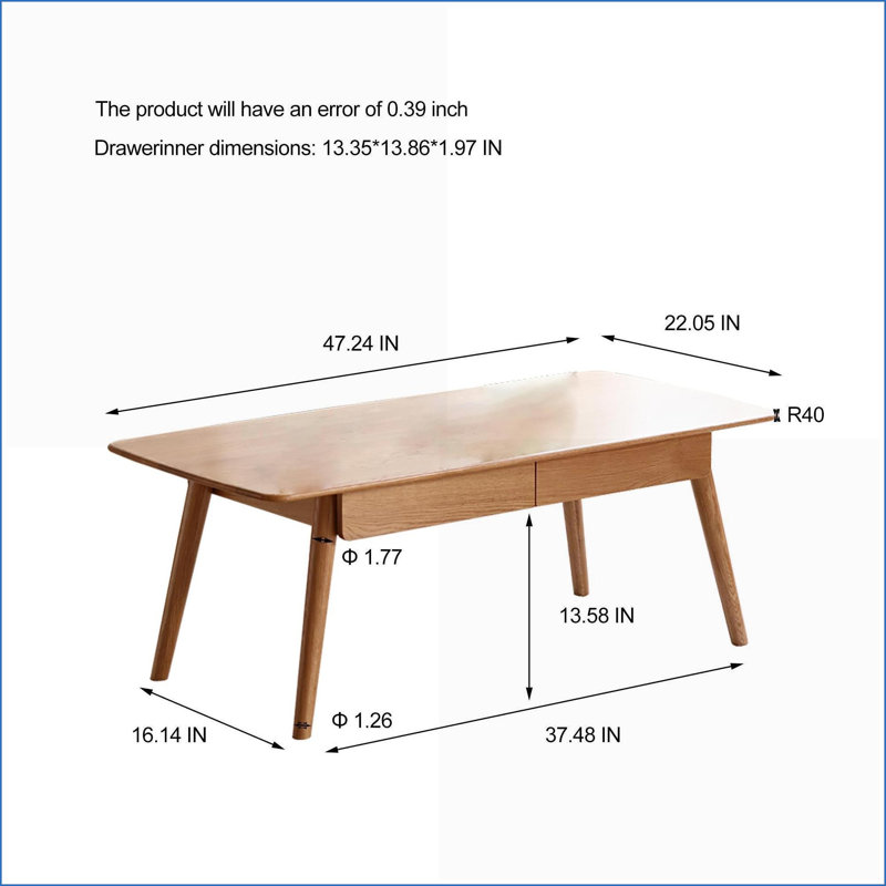 Table basse North American FAS en chêne massif avec 2 tiroirs, 120 x 56 x 45 cm, facile à assembler et facile à nettoyer
