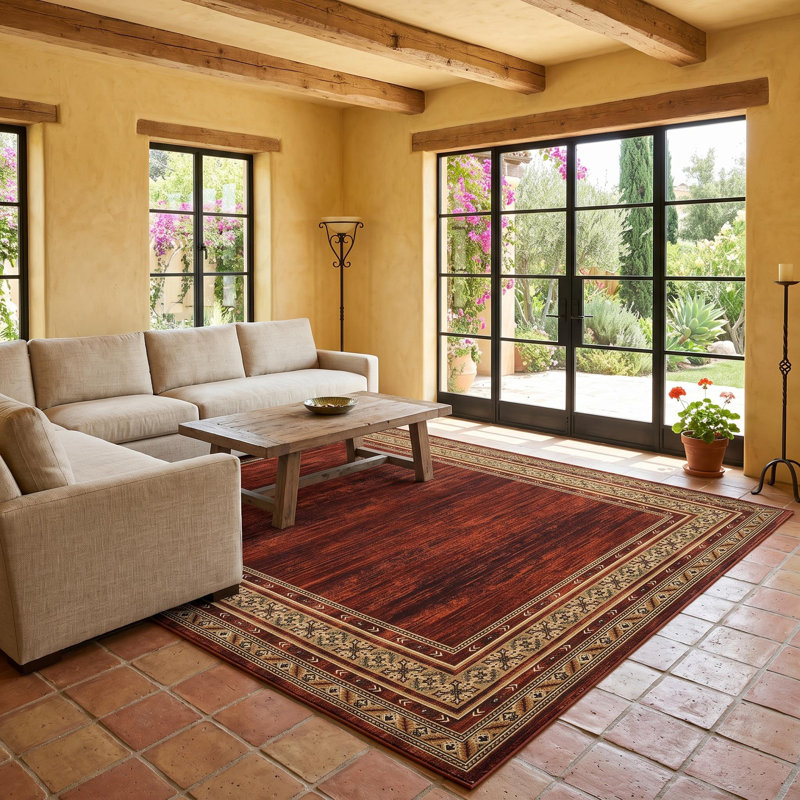 Tapis lavable moderne en simili laine avec envers antidérapant, Rouge, 10 x 13 pi