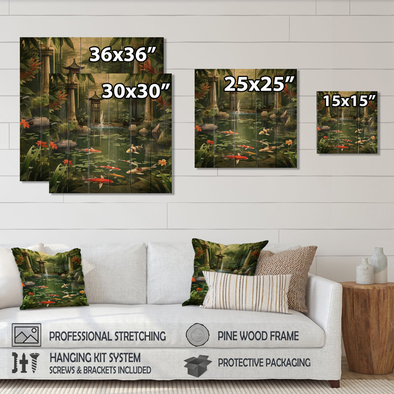 Bamboo and Koi Pond Showcase I - Art mural en bois de bambou sur bois de pin naturel, H 15 po x l 15 po