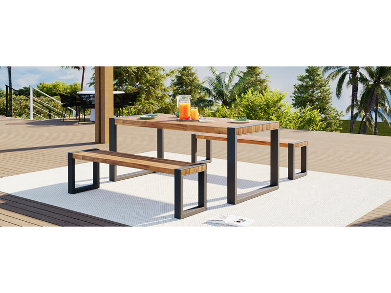Table de salle à manger d'extérieur 3 pièces avec 2 bancs, ensemble de salle à manger de patio avec texture unique, plateau en bois d'acacia et structure en acier, pour une utilisation à l'extérieur comme à l'intérieur