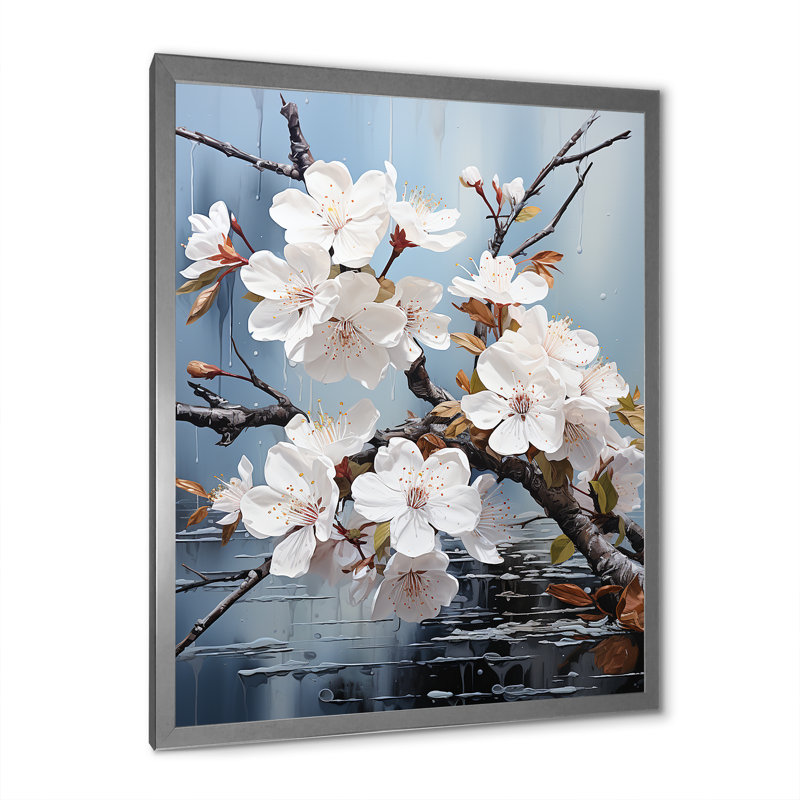 Minimalisme blanc et bleu Cherry Blossom III - impression d'art sur toile Cherry Blossom, Cadre simple argenté