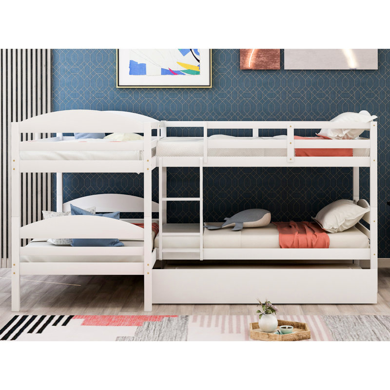 Lit simple superposé en L avec lit gigogne - blanc. Fabrication en bois massif. Polyvalent pour le divertissement familial. 6 ans et plus. Pas de boîte à ressorts. Lit gigogne blanc 300 lb Structure solide. Extra