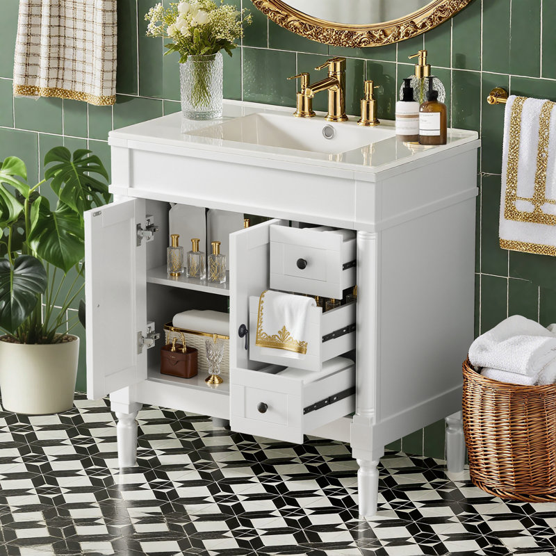 Meuble-lavabo 30 po avec lavabo en céramique - Portes et tiroirs à fermeture en douceur, 30.01, Blanc