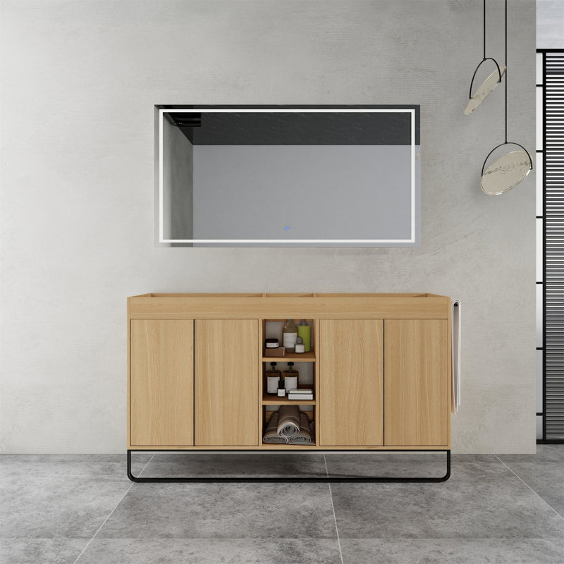Armoire de salle de bain autoportante 60 po - 4 portes à fermeture en douceur, 3 supports de rangement ouverts, emballage Kd (meuble-lavabo seulement, sans lavabo)