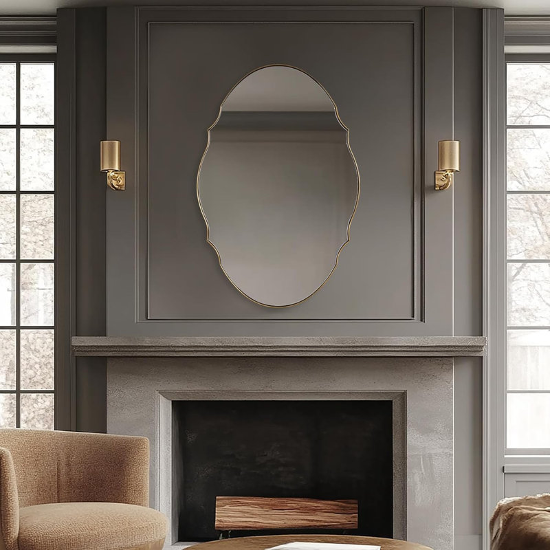 Contemporary Oval Scalloped Wall Mirror Irregular Bathroom Vanity Mirror | Stainless Steel Frame, Brushed Gold, 36" x 24"