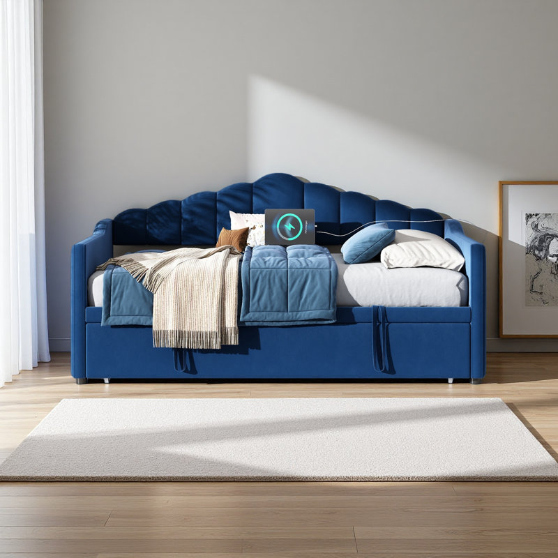 Lit de jour tapissier simple avec lit gigogne escamotable à hauteur réglable et port de charge USB et Type-C, structure de lit de jour avec 2 poches latérales