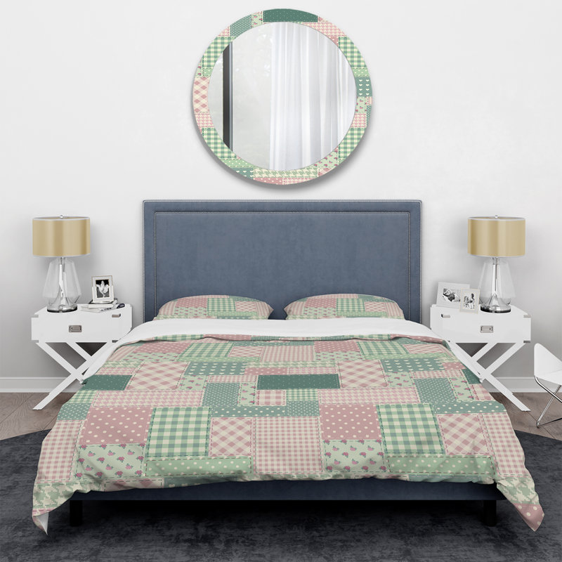 Patchwork vert et crème - ensemble de housse de couette abstrait - microfibre de polyester