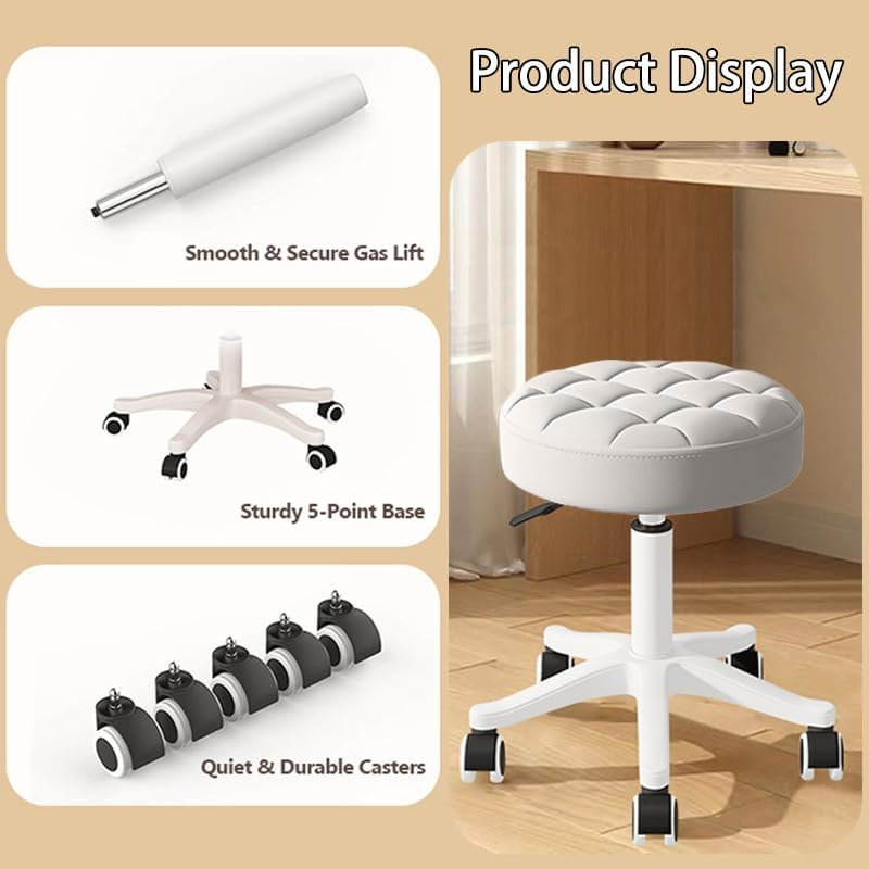 HDHNBA Set Of 2 Water Resistant PU Leather Height Adjustable Swivel Rolling Salon Stools With Ergonomic Cushion, Gray