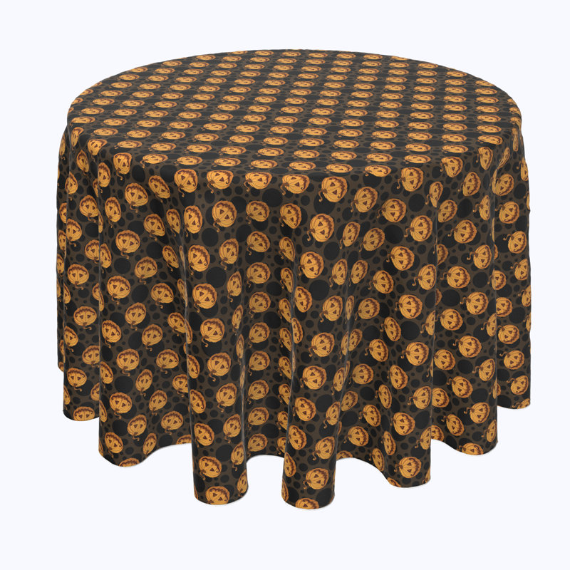 Geometric Round Halloween Tablecloth, 90" L x 90" W, Spooky Pumpkin Smiles