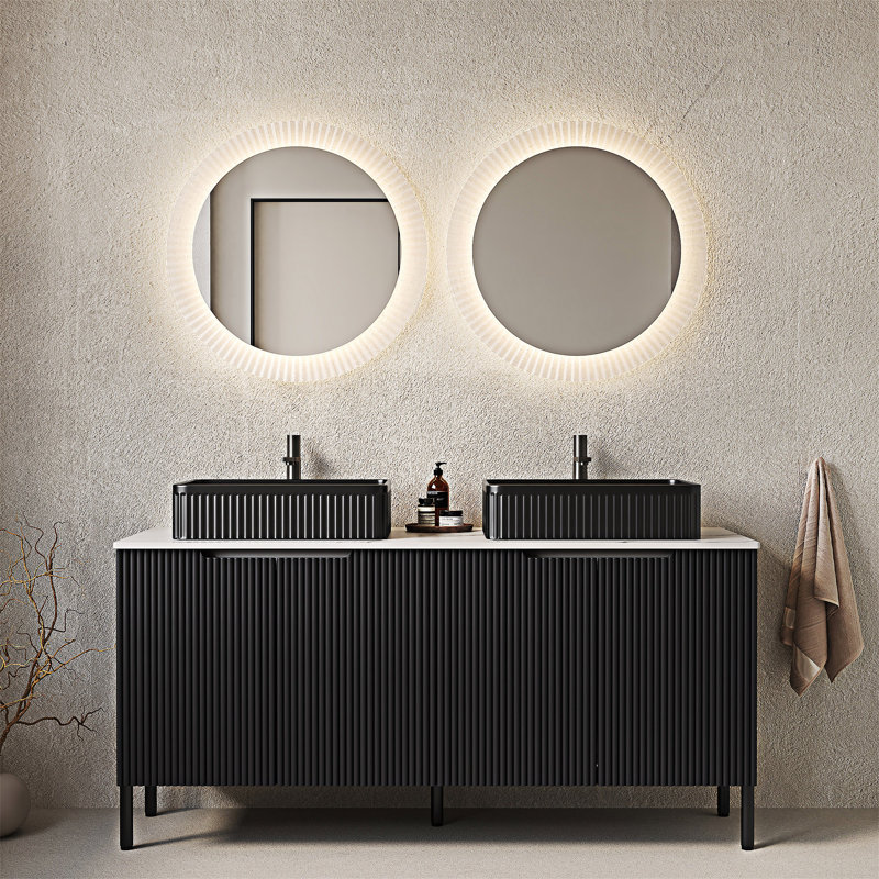 Meuble-lavabo autoportant avec lavabos, Noir, Noir