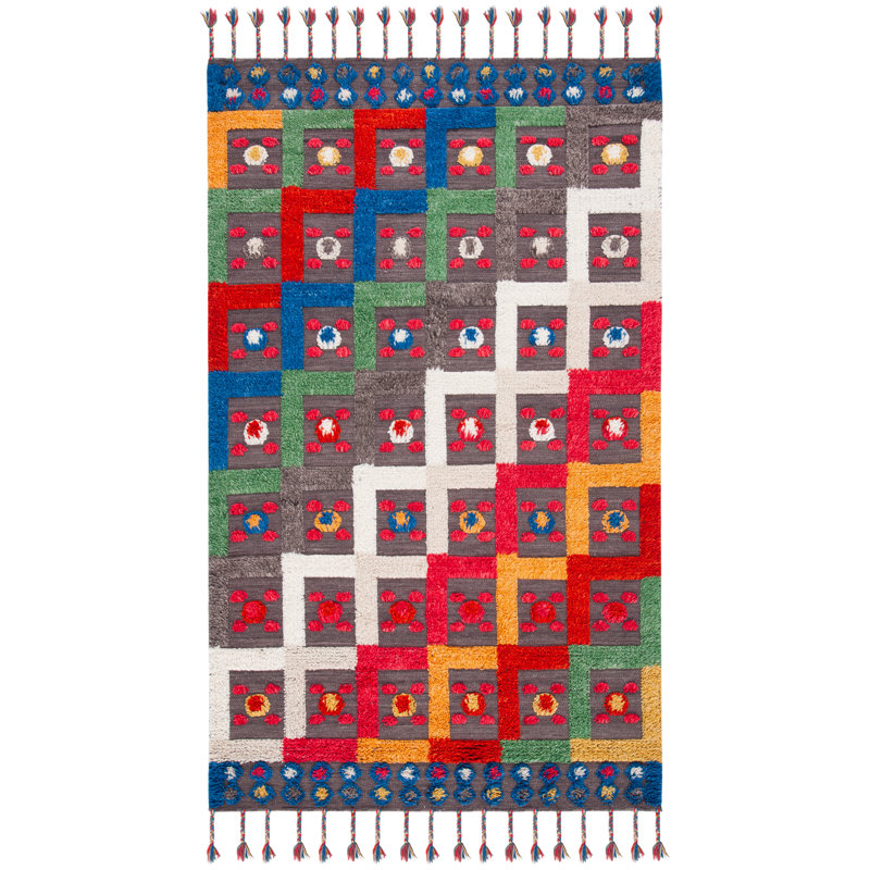 Tapis géométrique en laine / coton tissé à la main Casablanca en rouge / brun / bleu, Rectangle 5 pi x 8 pi