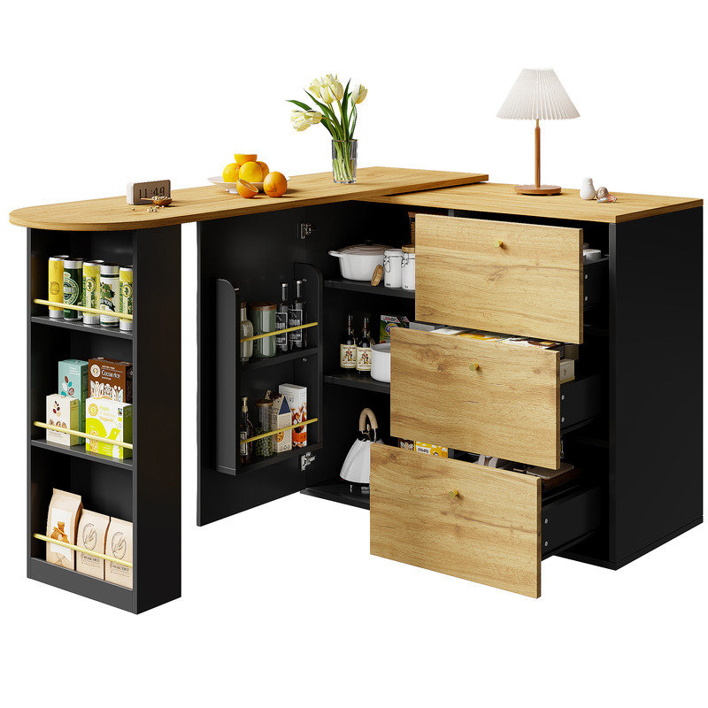 Modern Retractable Bar Table with 360°Rotation & Storage, Mobile Sideboard