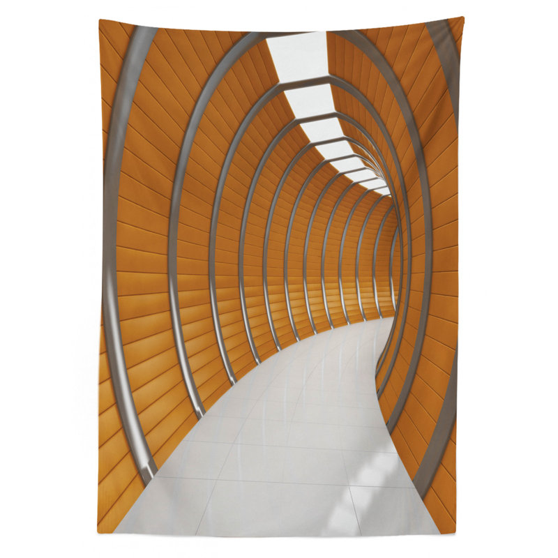Modern Tablecloth, Pattern Of Modern Long Corridor Contemporary Geometric Structure Tunnel Picture, Rectangular Table Cover For Dining Room Kitchen Decor, 52" X 70", Orange Grey