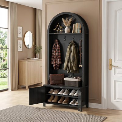 Portemanteau étroit avec banc de rangement, porte-manteau de vestibule arqué 70 po avec 4 crochets et 2 portes encastrées, mobilier de ferme pour le couloir, finition chêne noir