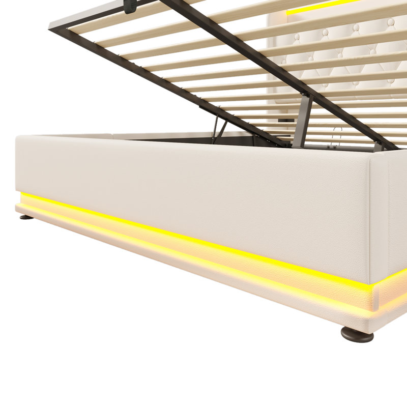 Upholstered 4Ft6 Ottoman Bed Frame With 360 Surround Led Function With Charging Function Hydraulic Storage Bed Frame With Large Storage Space  (No Mattress)