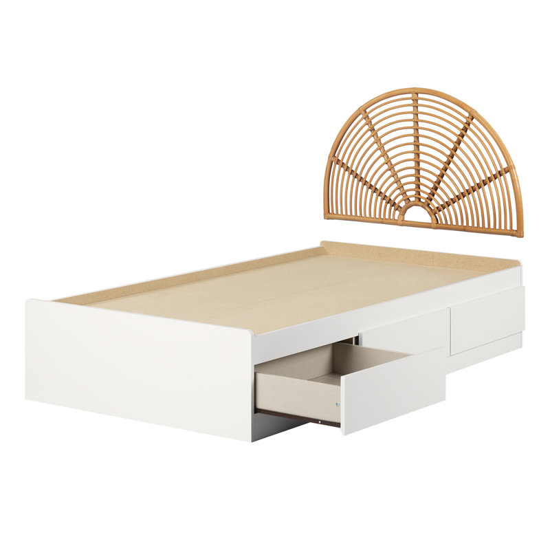 Twin White and Natural Wood Platform Bed with Storage and Rattan Headboard
