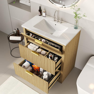 Meuble-lavabo cannelé 30 po avec lavabo, armoire autoportante de ferme avec 2 tiroirs et tiroir rabattable, chêne