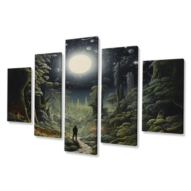 Pleine lune mystérieuse marchant dans la forêt enchantée - Art mural sur toile Lakehouse - 5 panneaux