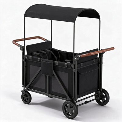 4-Seater Stroller Wagon, Folding Push-Pull with Canopy，One-step Foot Brake and 360° Swivel Wheels, 5-Point Harness, Black