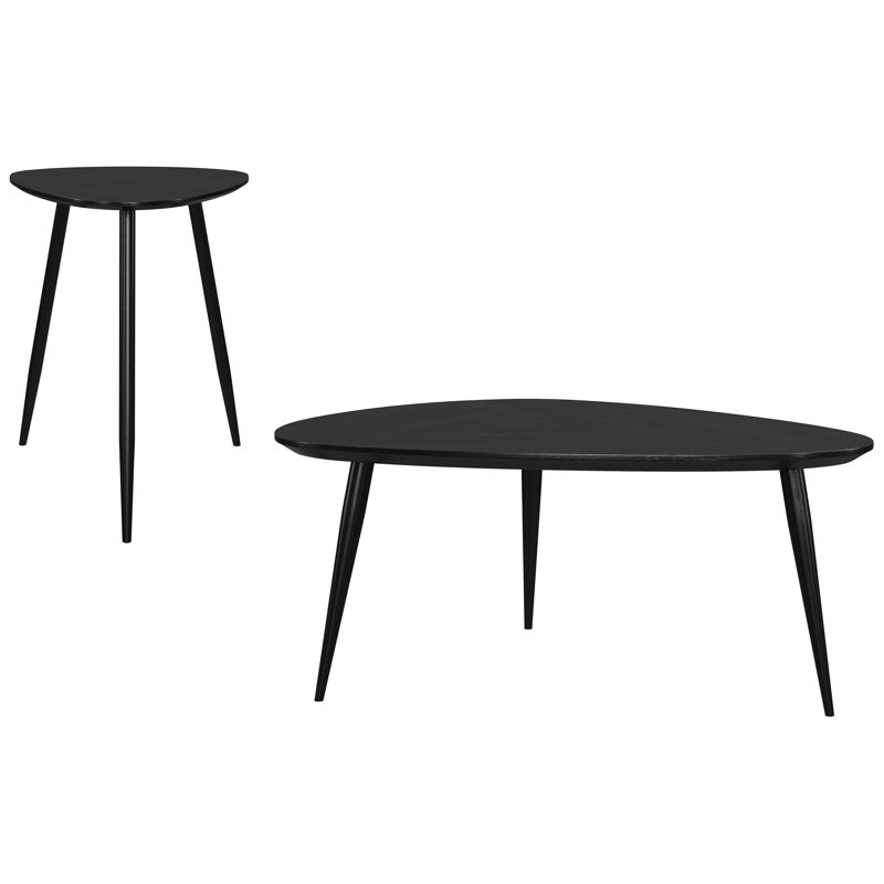 Black Triangular Coffee And End Table Made From Mango Wood, With Rounded Edges A Construction For Living Rooms 2 Wood Construction, Smooth Finish, Corners, Splayed Iron Legs Primary Space