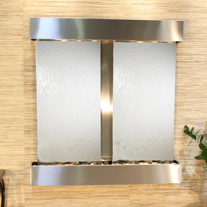 Aspen Falls Wall Fountain with Light, Silver Mirror, Stainless Steel
