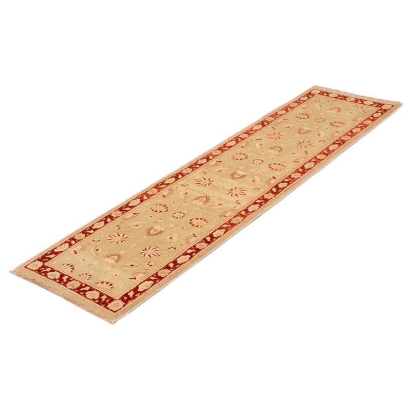 Tapis de couloir vert clair en laine nouée à la main de conception unique 2 pi 8 po x 10 pi 1 po Mindarie
