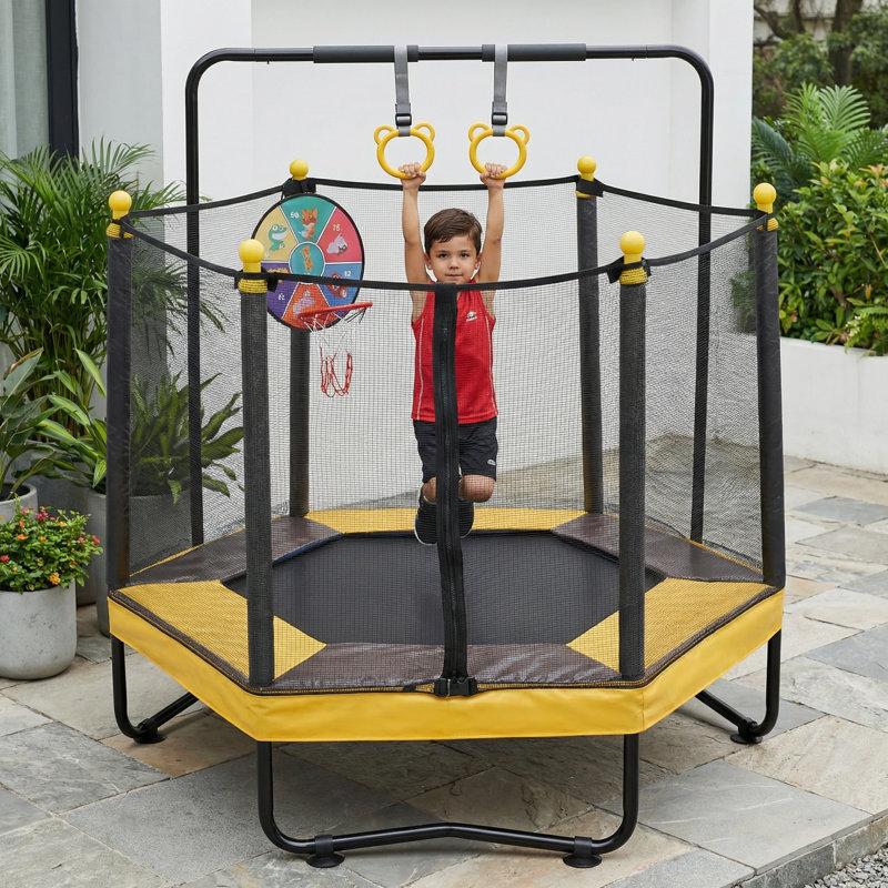 Trampoline d'intérieur pour enfants avec filet de sécurité et assemblage facile, mini trampoline avec rembourrage à 360 ° et cadre stable pour la maison