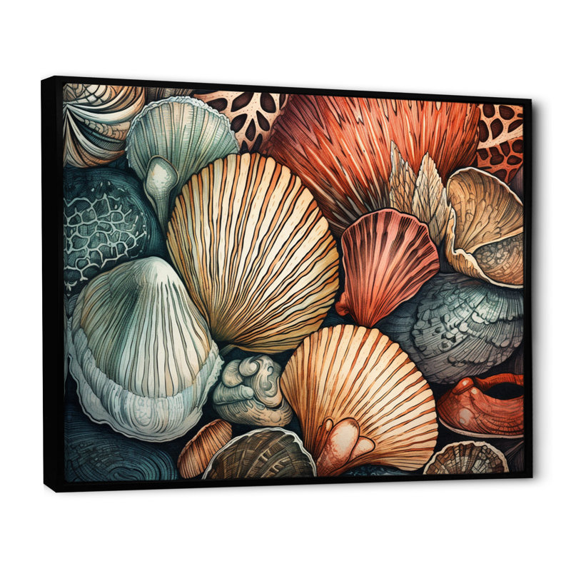 Seaside Seashells III sur toile, H 16 po x l 32 po x P 1 po, Cadre flottant noir