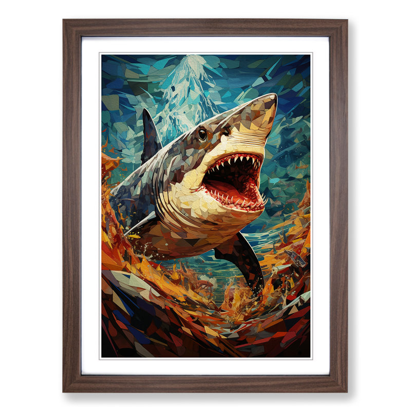 Shark Orphism - Single Picture Frame Print on Wood, Walnut Framed, 64cm H x 46cm W x 2cm D