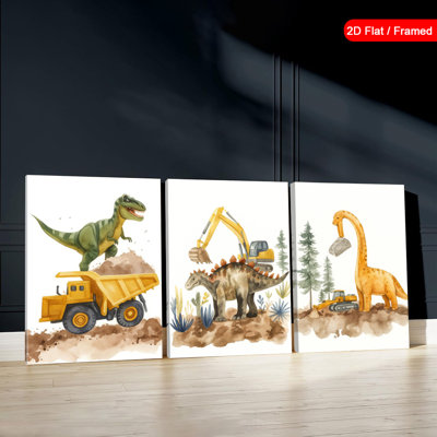 «Dinosaur & Construction Truck», reproduction sur toile 3 pièces pour décor de chambre d'enfant