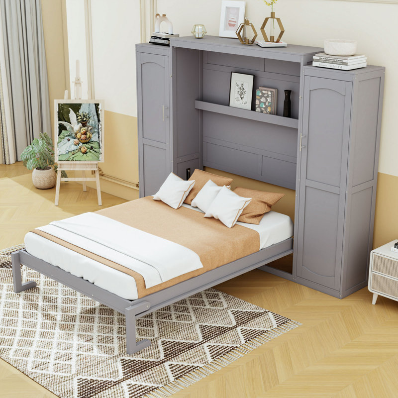 Lit escamotable avec armoire intégrée et tablettes de rangement, Gris, Double