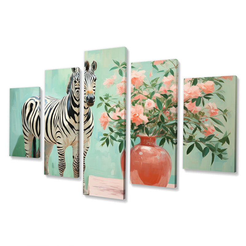 Rose et vert floral zèbre IV - art mural multi-panneaux zèbre