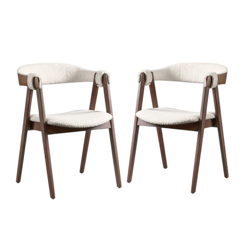 Set Of 2 Boucle Upholstered Dining Chairs In Walnut And Beige