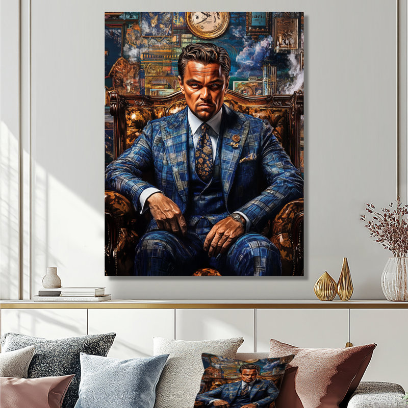 Bleu bleu, or, lion, Leo Dicaprio, loup de Wall Street - mode, art mural, salon, Toile tendue, H 32 po x l 16 po