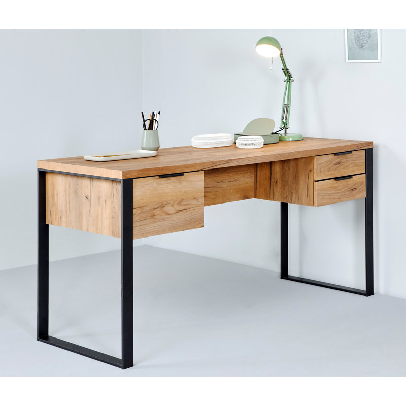 Bureau d'écriture avec rangement en métal Draylen, Cœur de chêne