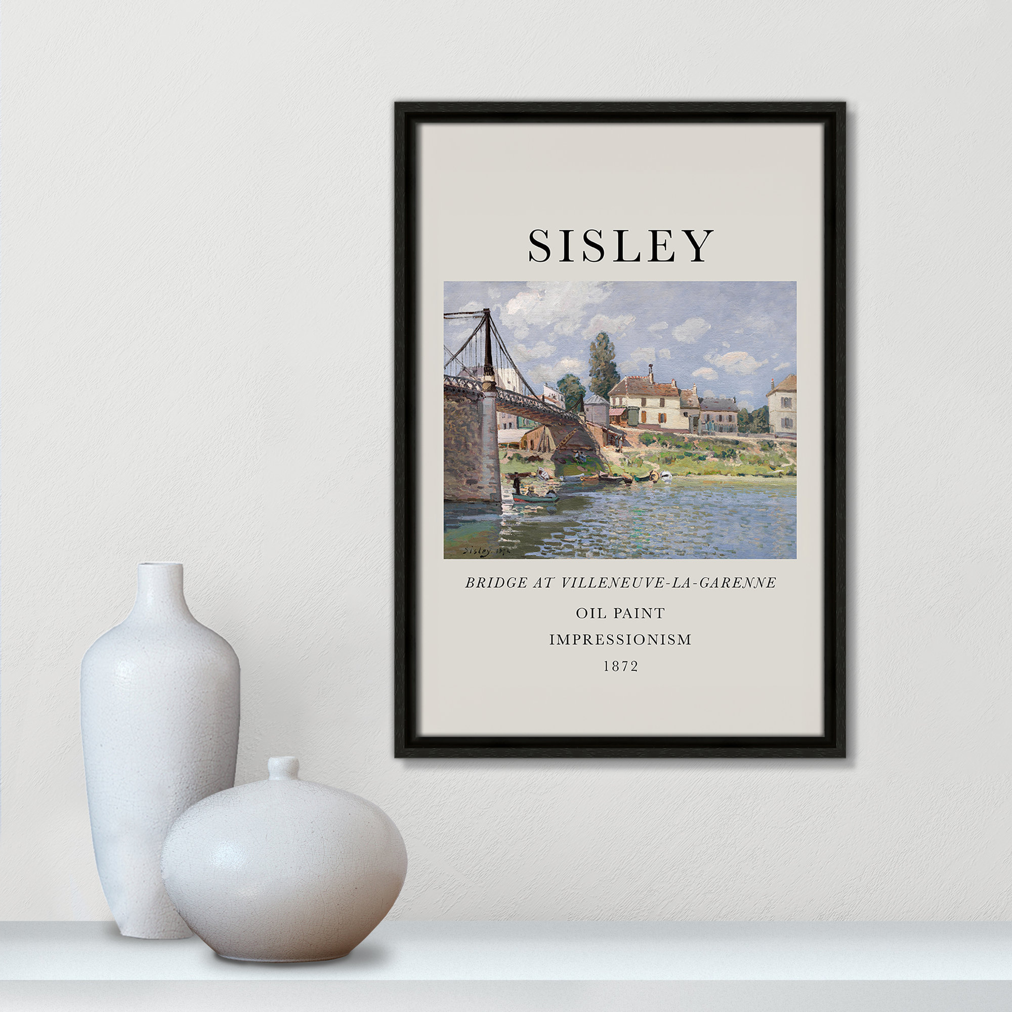 Old Masters Collection " The Bridge At Villeneuve " by Alfred Sisley, 19.5" H x 13.5" W x 2" D, No, Espresso Floater Frame